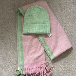 Anthropologie Soft Pink & Green Knit Scarf and Hat Set